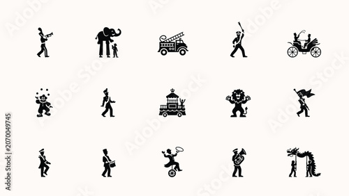 Circus parade icon collection featuring artistic performers and traditional event symbols.