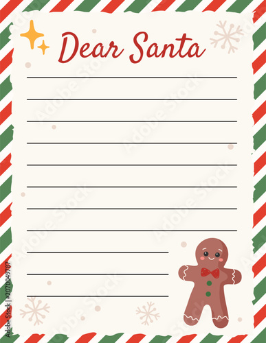 Christmas wish list for children. Letter to Santa Claus template. Vector illustration.