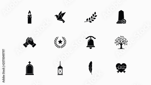 Foto Funeral service and memorial icons set featuring religious symbols for grief and mourning