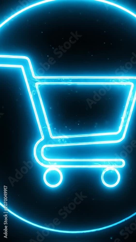 Blue neon shopping cart glowing in dark.