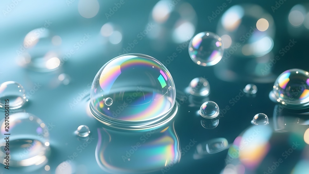 Naklejka premium Iridescent soap bubbles on blue water surface, macro photography of floating liquid spheres, ethereal translucent bubbles with rainbow reflections