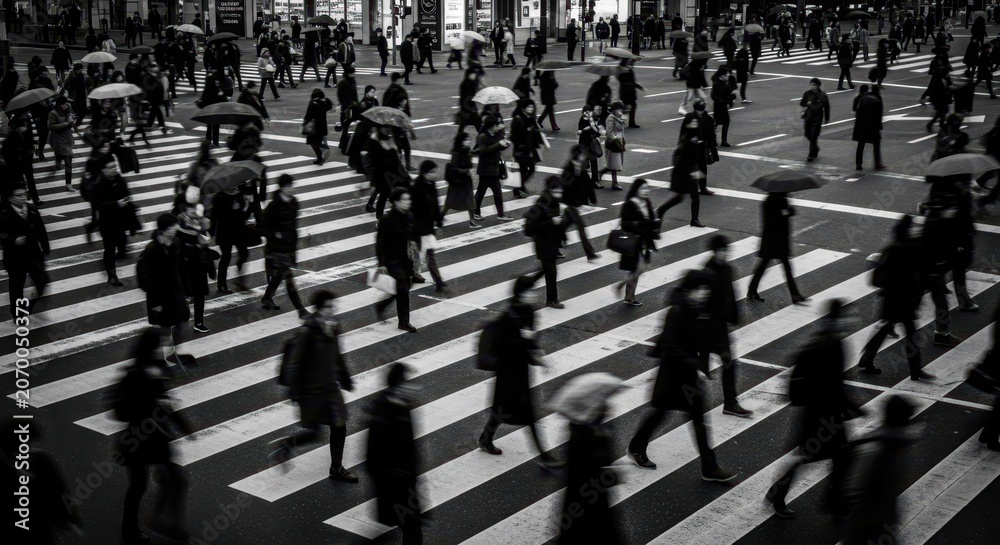 Obraz premium A bustling crowd of pedestrians crossing a busy urban street in monochrome.