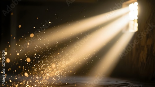 Cinematic light rays through window, golden sunbeams with floating dust particles in dark room, ethereal sun rays illuminating interior space