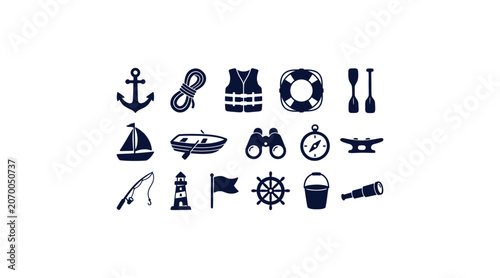 Hand drawn boating doodle icon set with anchor and sailboat