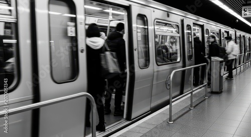 People boarding a subway train as the doors begin to close on a bustling urban platform