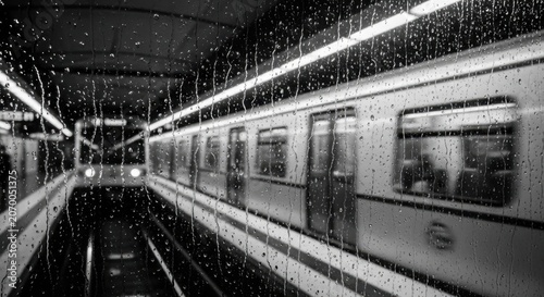 Rainy night at subway station with train passing by seen through water droplets on window