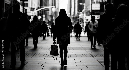 Silhouette of a woman walking through a bustling city street with shopping bag