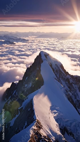 Snow capped mountain peak rising above a sea of clouds.