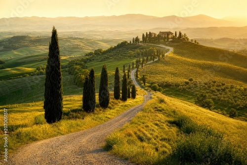 Rolling Tuscan hills with cypress trees bathed in golden sunlight, evoking tranquility.