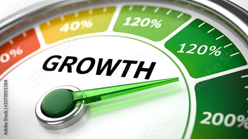 A gauge meter showing high growth business performance with a green arrow