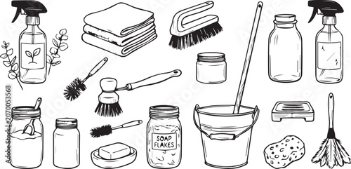 Hand drawn set of eco friendly cleaning supplies and household tools for sustainable living and zero waste lifestyle