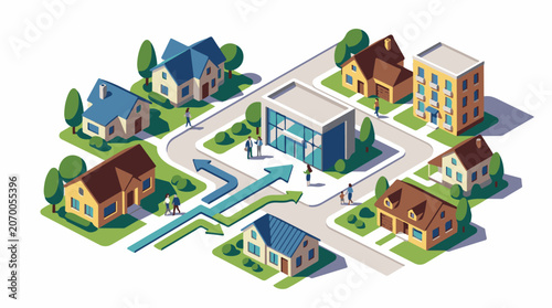Isometric illustration of a suburban neighborhood with houses, trees, and people
