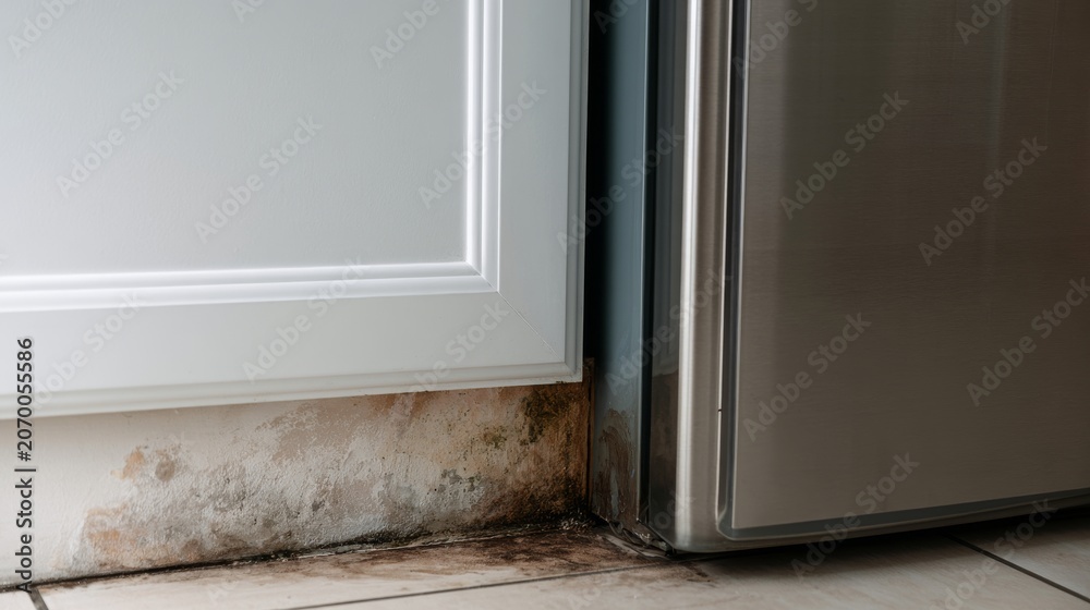 Fototapeta premium Mold grows on kitchen wall near refrigerator in a residential home