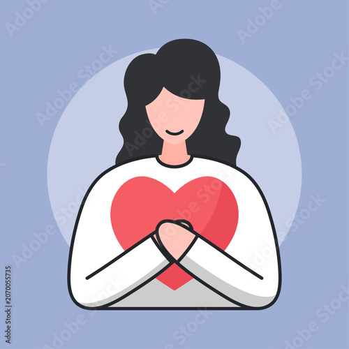 Flat vector illustration of a young woman hugging a big red heart, concept of self-care, self-love, mental health awareness, and psychological well-being.