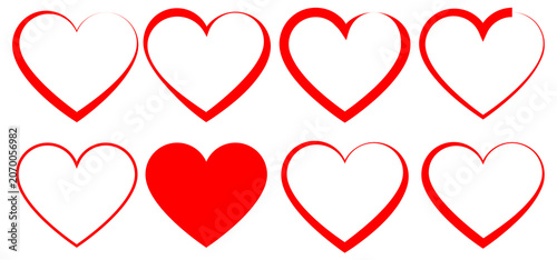 Red heart icon set, red heart in stoke designs 