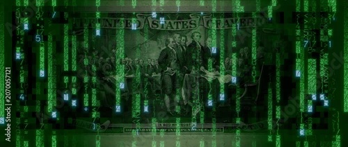 Electronic Currency Concept with Two Dollar Bill made from Animated Code. Blockchain Banking Wallpaper.