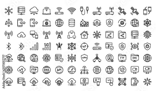 Tableau sur toile Network Communication Thin Line Icons Set with Broadband Connection and Technolo