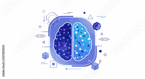 A stylized blue brain with network nodes and geometric shapes on a white background