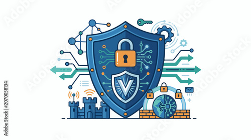 A stylized blue shield with a padlock and circuit board design, surrounded by security symbols