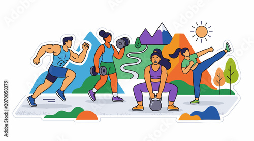 A vibrant illustration of four people engaging in various exercises outdoors