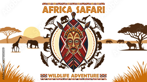Africa safari adventure poster featuring tribal mask and wildlife.