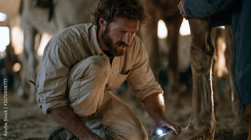 Obraz premium A veterinarian kneels on a barn floor examining a lame horse's hoof, flashlight gripped in teeth, assistant holding the horse steady, capturing rural veterinary care, animal