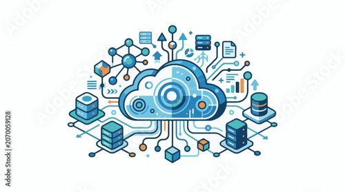 Cloud computing symbol with servers and data flow