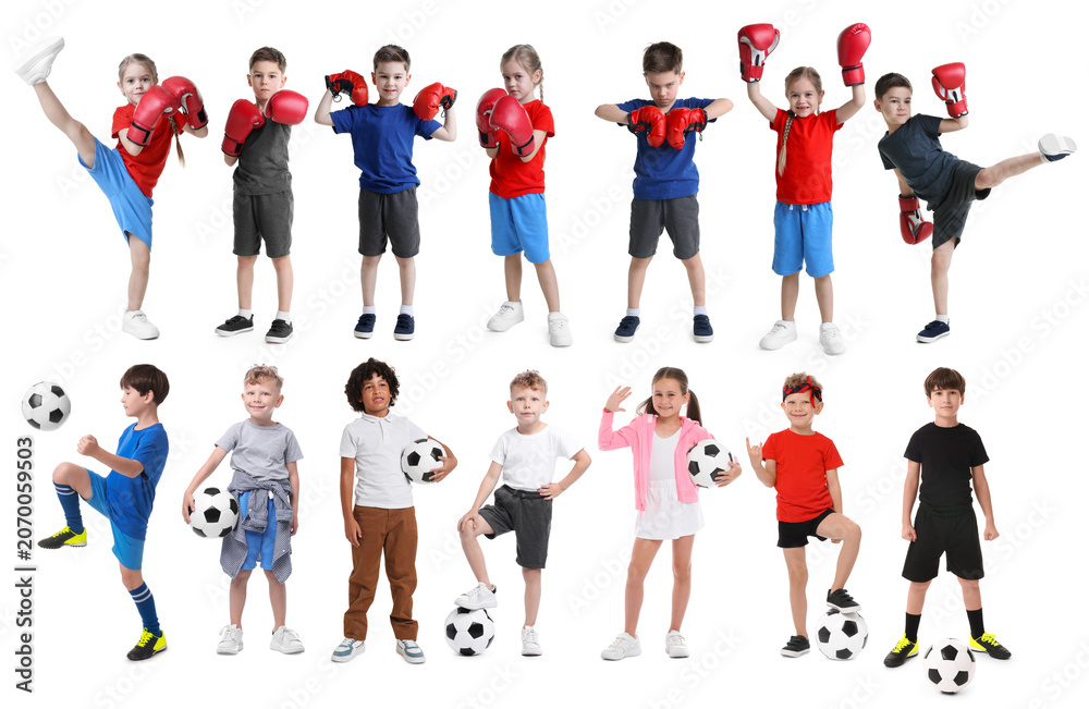 Fototapeta premium Children participating in different sports classes. Collection of portraits on white background