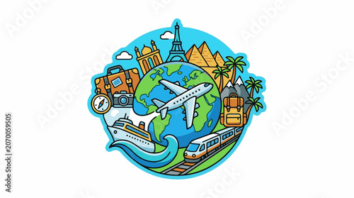Colorful graphic depicting travel around the world with transportation and landmarks