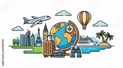 Colorful illustration of travel-related icons and landmarks (1)