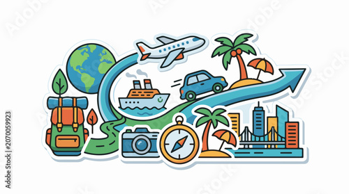 Colorful travel icons with airplane, ship, car, and city skyline