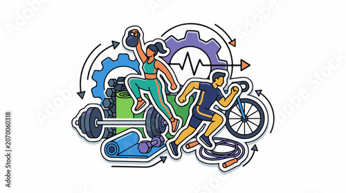 Illustration of a man and woman engaging in various fitness activities