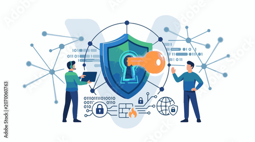 Illustration of two men working on cybersecurity with a shield and key