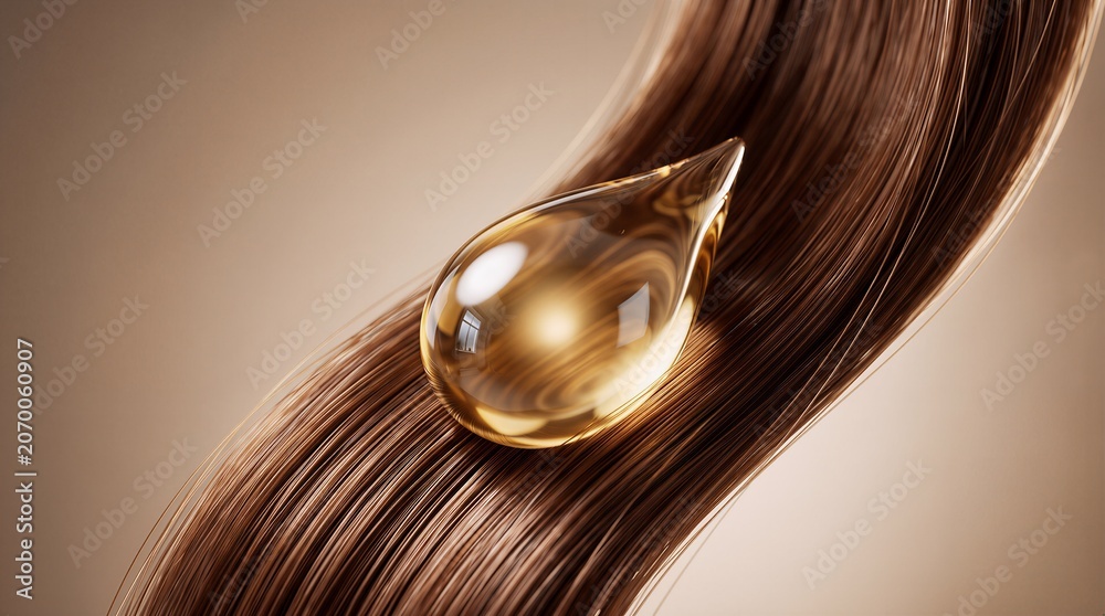 Obraz premium Crystal clear golden oil drop resting on wavy strands of healthy brown hair beauty care concept product advertisement illustration luxury cosmetics nourishing treatment shiny texture.