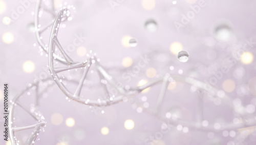 Long Twisted Liquid DNA Strand with Luminous Bokeh for Medical Product Banner. 3D render