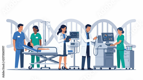 Medical team attending to patient in hospital setting with DNA double helix background