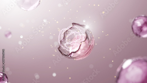 PDRN Molecule Capsule with Glowing DNA Helix on Pink Skincare Background 3D render
