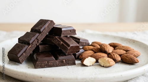 Rich dark chocolate bar pieces stacked with whole and halved almonds on a textured plate