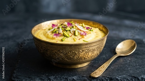 Rich Indian Mango Dessert in Ornate Golden Bowl Garnished with Nuts and Rose Petals