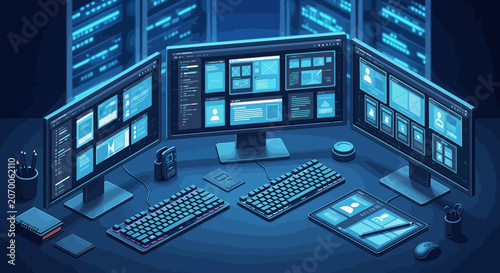 Multiple computer monitors displaying code and data on a desk.
