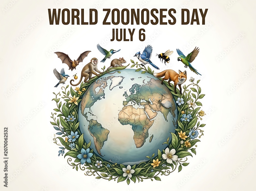 Fototapeta premium Colorful world zoonoses day illustration with animals and globe surrounded by flowers and plants