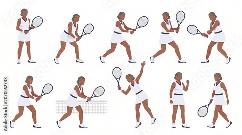 Veteran female tennis player character sheet showing experienced athlete in multiple controlled tennis action poses, Wimbledon style flat vector illustration isolated on white background.
