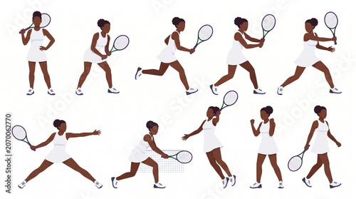 Female tennis player character sheet with multiple action poses, dark skin tone athlete performing forehand, backhand, volley, smash and celebration in Wimbledon style flat vector illustration.
