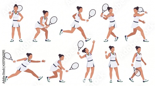 Female tennis player character sheet with multiple action poses including forehand, backhand, volley, smash and celebration. Wimbledon inspired flat vector sports illustration isolated on white.
