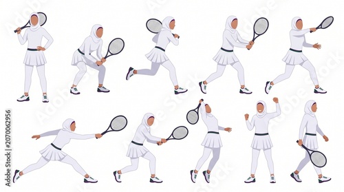 Female tennis player wearing sports hijab shown in multiple action poses including forehand, backhand, volley and celebration. Wimbledon inspired flat vector sports character sheet.
