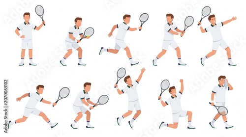 Asian male tennis player character sheet with multiple controlled action poses including forehand, backhand, volley, smash and celebration in clean Wimbledon vector style illustration.
