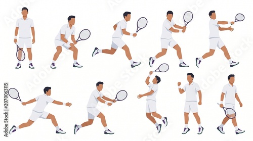 Caucasian male tennis player character sheet showing multiple dynamic tennis poses including forehand, backhand, volley, smash and celebration in Wimbledon vector illustration style.