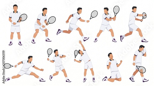 Asian male tennis player character sheet with multiple controlled action poses including forehand, backhand, volley, smash and celebration in clean Wimbledon vector style illustration.
