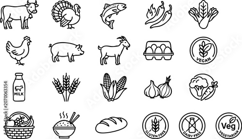 Fotografi Food groups and dietary nutrition line icons set with nutrition agriculture live