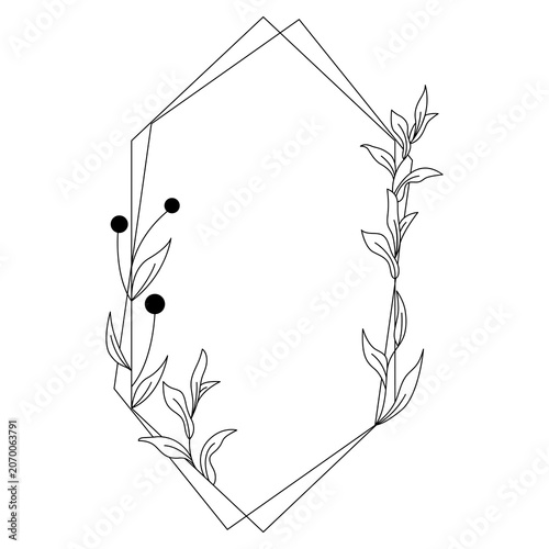 	
Floral polygon hand drawn style. Floral black and white frames of twigs, leaves and flowers. Frames for Valentine’s Day, wedding decor, logo and identity template.